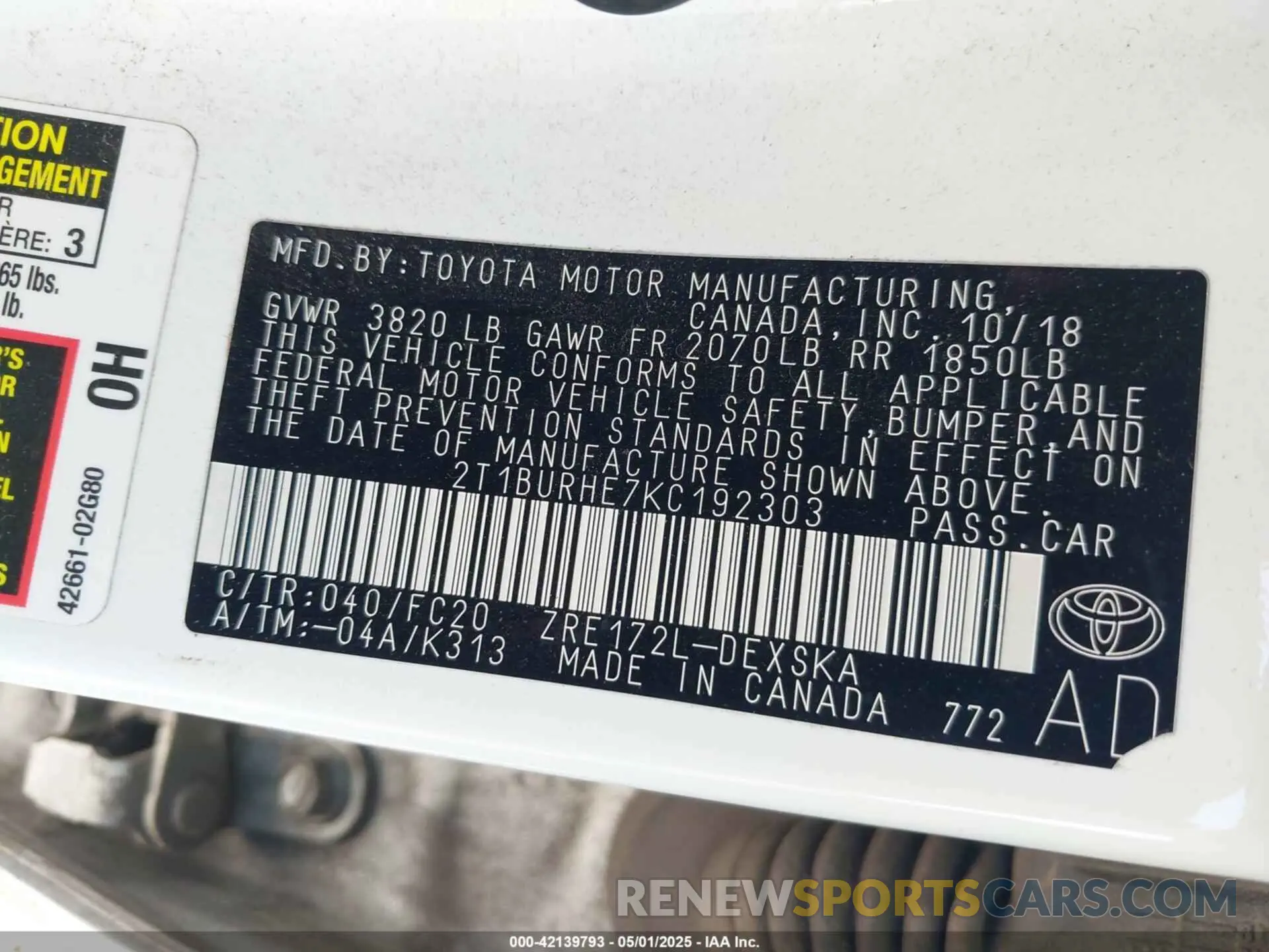 9 Photograph of a damaged car 2T1BURHE7KC192303 TOYOTA COROLLA 2019