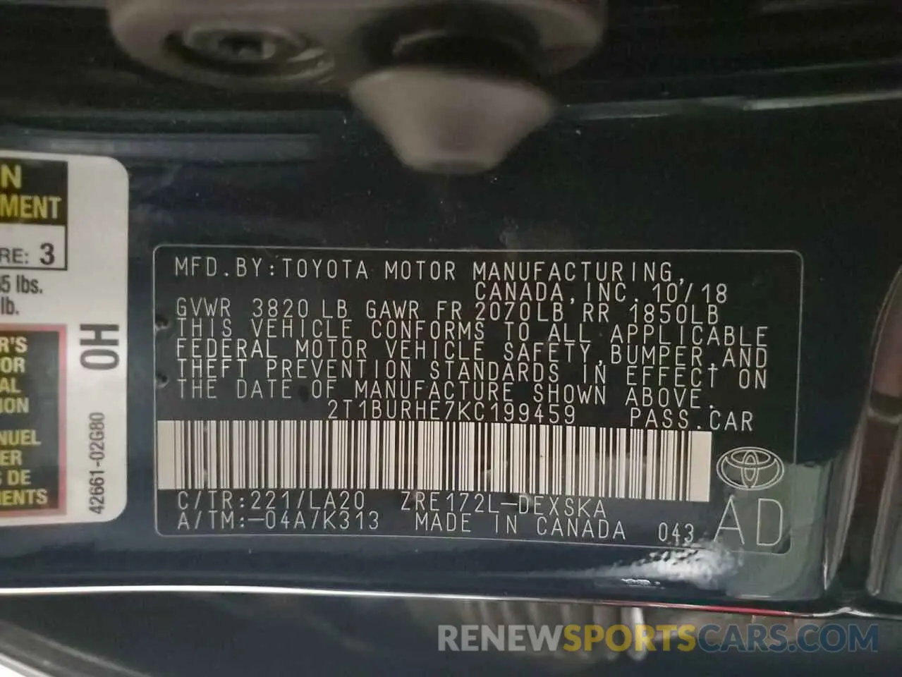12 Photograph of a damaged car 2T1BURHE7KC199459 TOYOTA COROLLA 2019