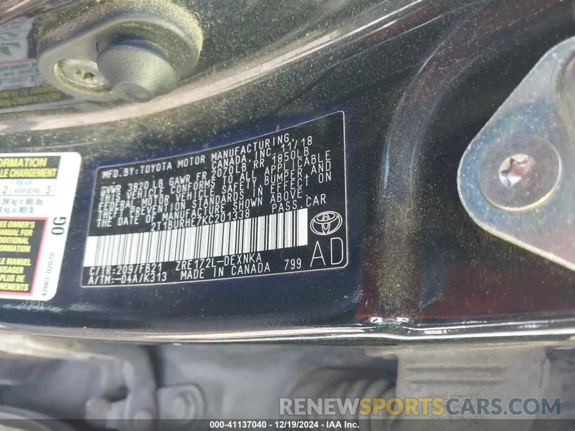 9 Photograph of a damaged car 2T1BURHE7KC201338 TOYOTA COROLLA 2019