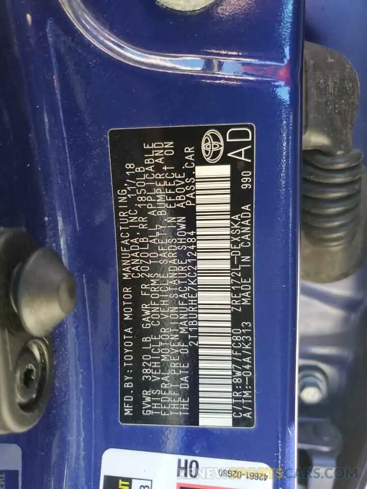12 Photograph of a damaged car 2T1BURHE7KC212484 TOYOTA COROLLA 2019