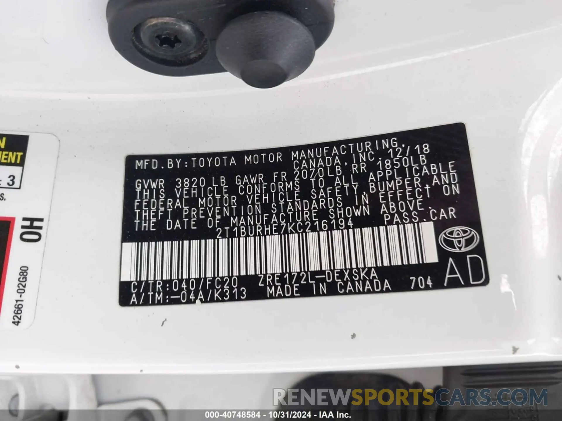 9 Photograph of a damaged car 2T1BURHE7KC216194 TOYOTA COROLLA 2019