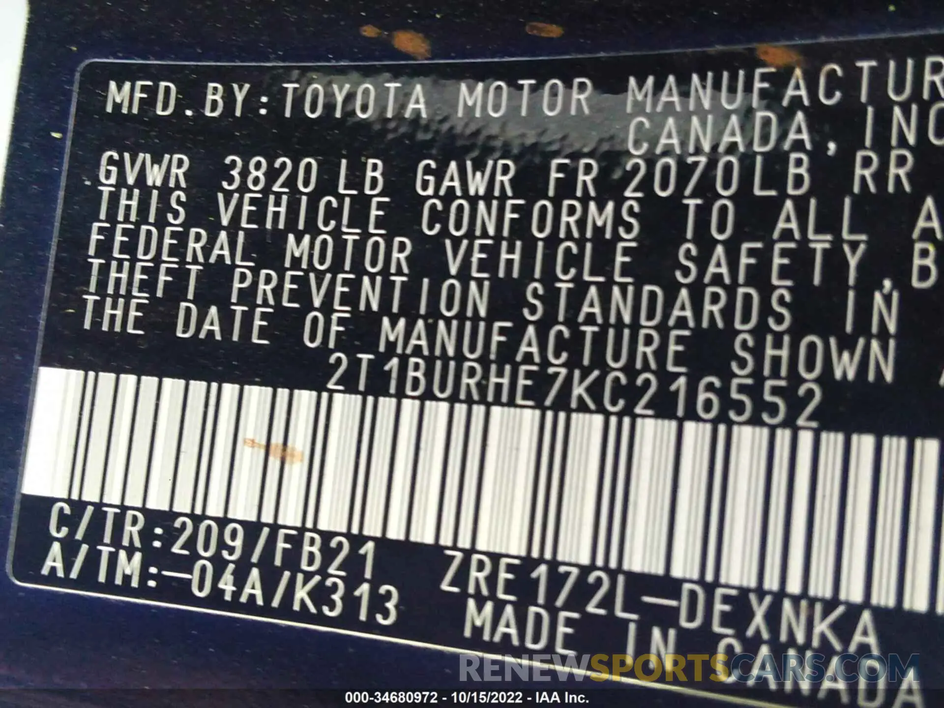 9 Photograph of a damaged car 2T1BURHE7KC216552 TOYOTA COROLLA 2019