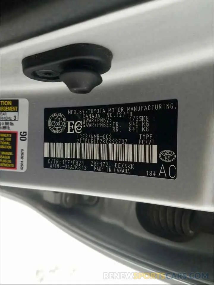 10 Photograph of a damaged car 2T1BURHE7KC222707 TOYOTA COROLLA 2019