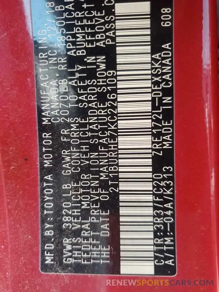 12 Photograph of a damaged car 2T1BURHE7KC226109 TOYOTA COROLLA 2019