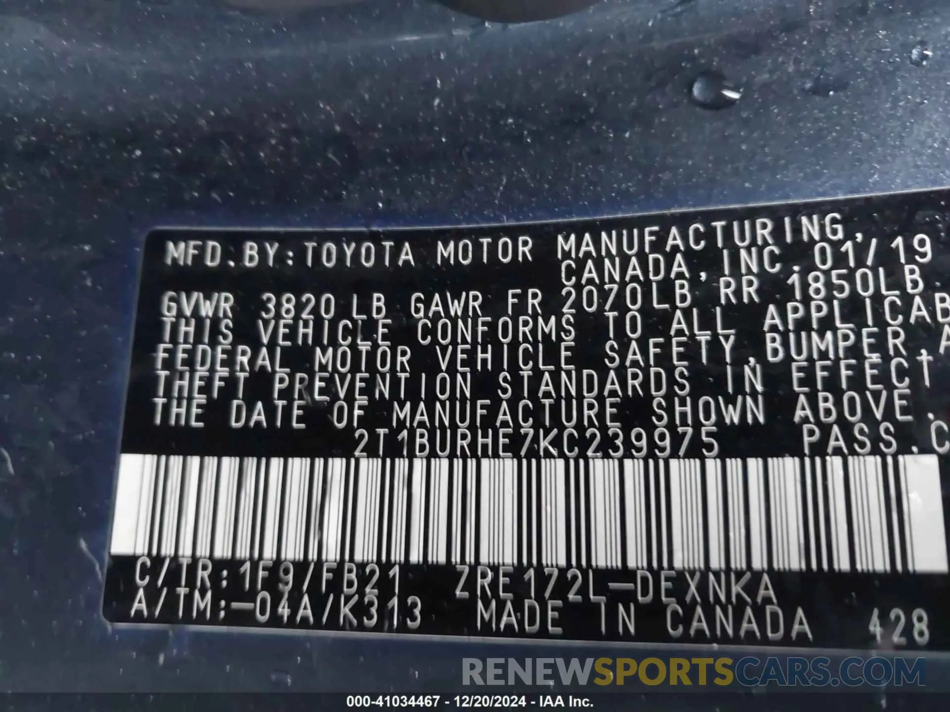 9 Photograph of a damaged car 2T1BURHE7KC239975 TOYOTA COROLLA 2019