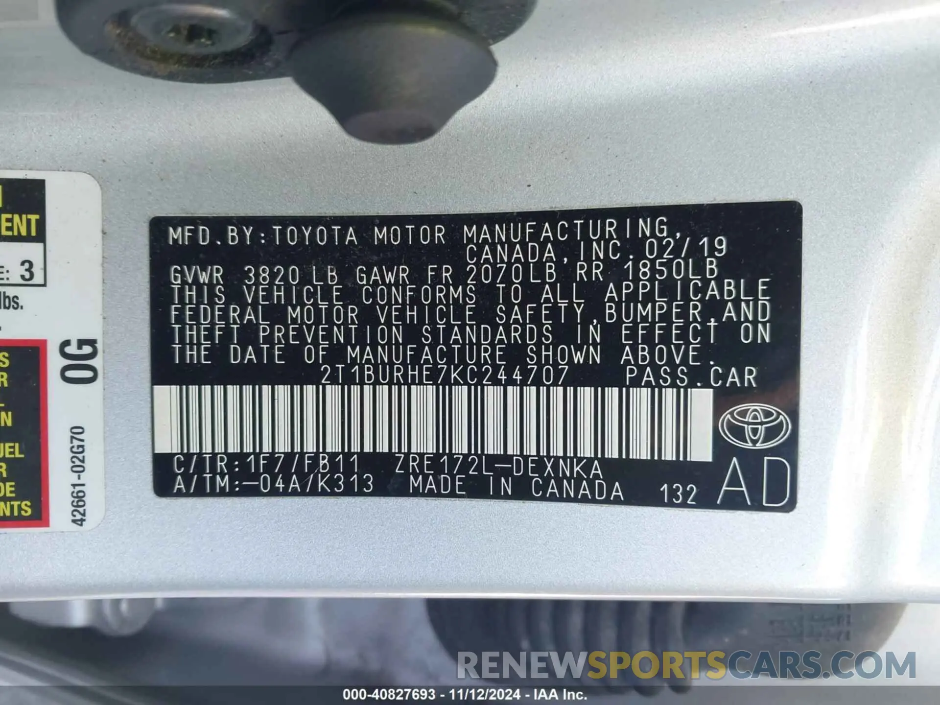 9 Photograph of a damaged car 2T1BURHE7KC244707 TOYOTA COROLLA 2019