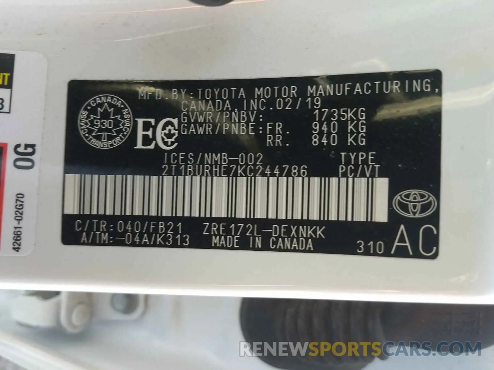 10 Photograph of a damaged car 2T1BURHE7KC244786 TOYOTA COROLLA 2019