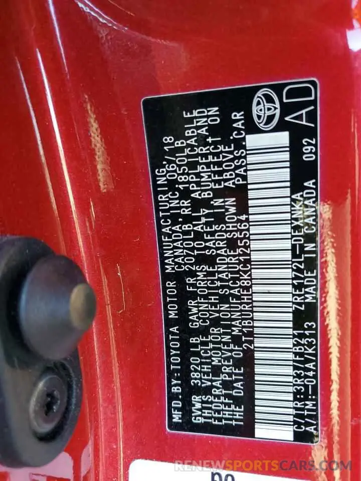 12 Photograph of a damaged car 2T1BURHE8KC125564 TOYOTA COROLLA 2019