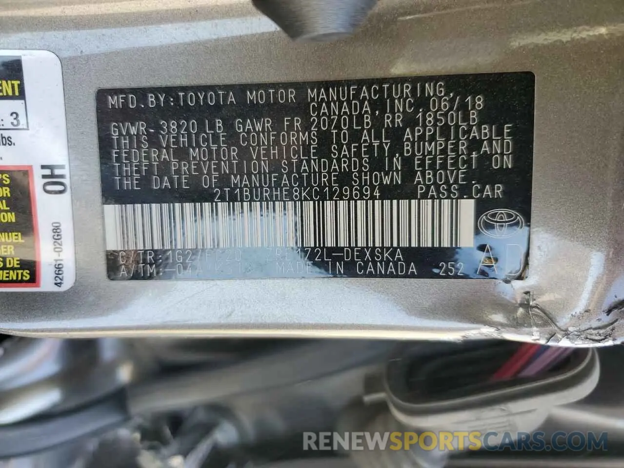 14 Photograph of a damaged car 2T1BURHE8KC129694 TOYOTA COROLLA 2019