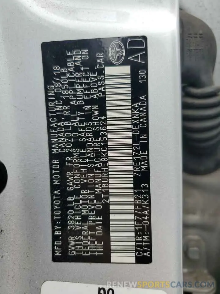 12 Photograph of a damaged car 2T1BURHE8KC153624 TOYOTA COROLLA 2019
