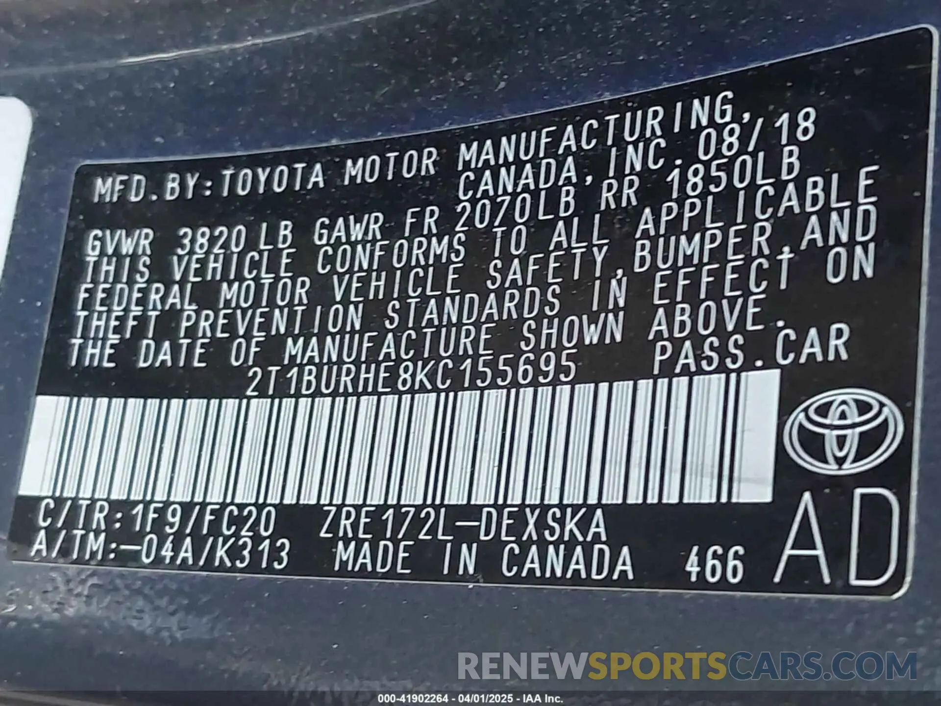 9 Photograph of a damaged car 2T1BURHE8KC155695 TOYOTA COROLLA 2019