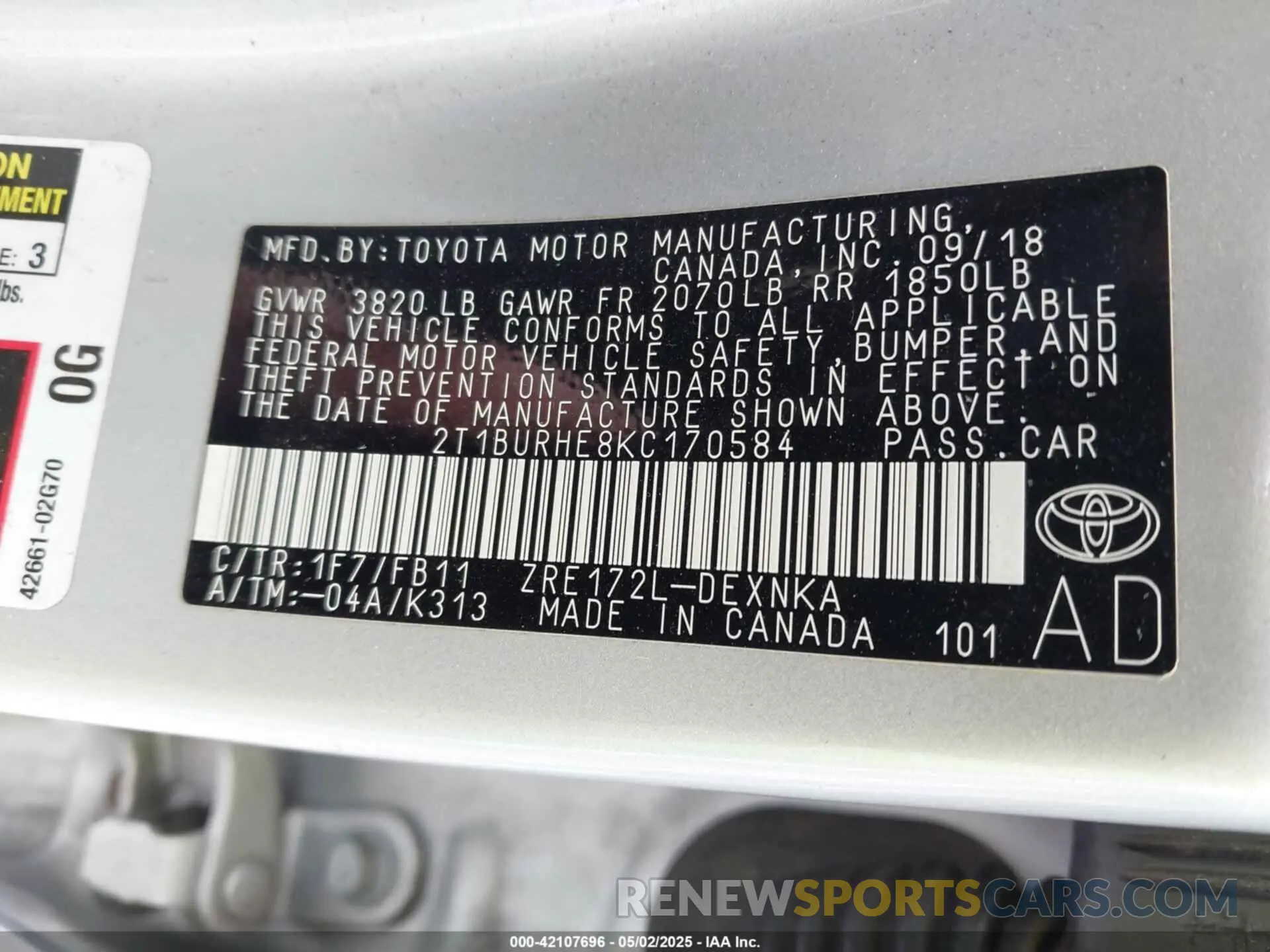 9 Photograph of a damaged car 2T1BURHE8KC170584 TOYOTA COROLLA 2019