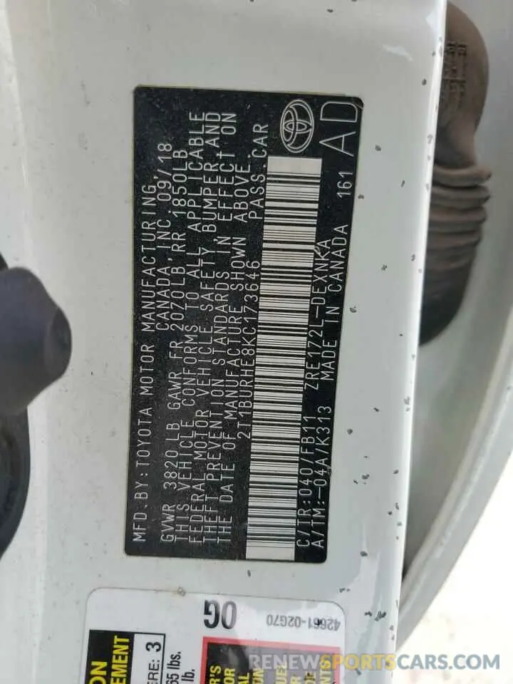 14 Photograph of a damaged car 2T1BURHE8KC173646 TOYOTA COROLLA 2019