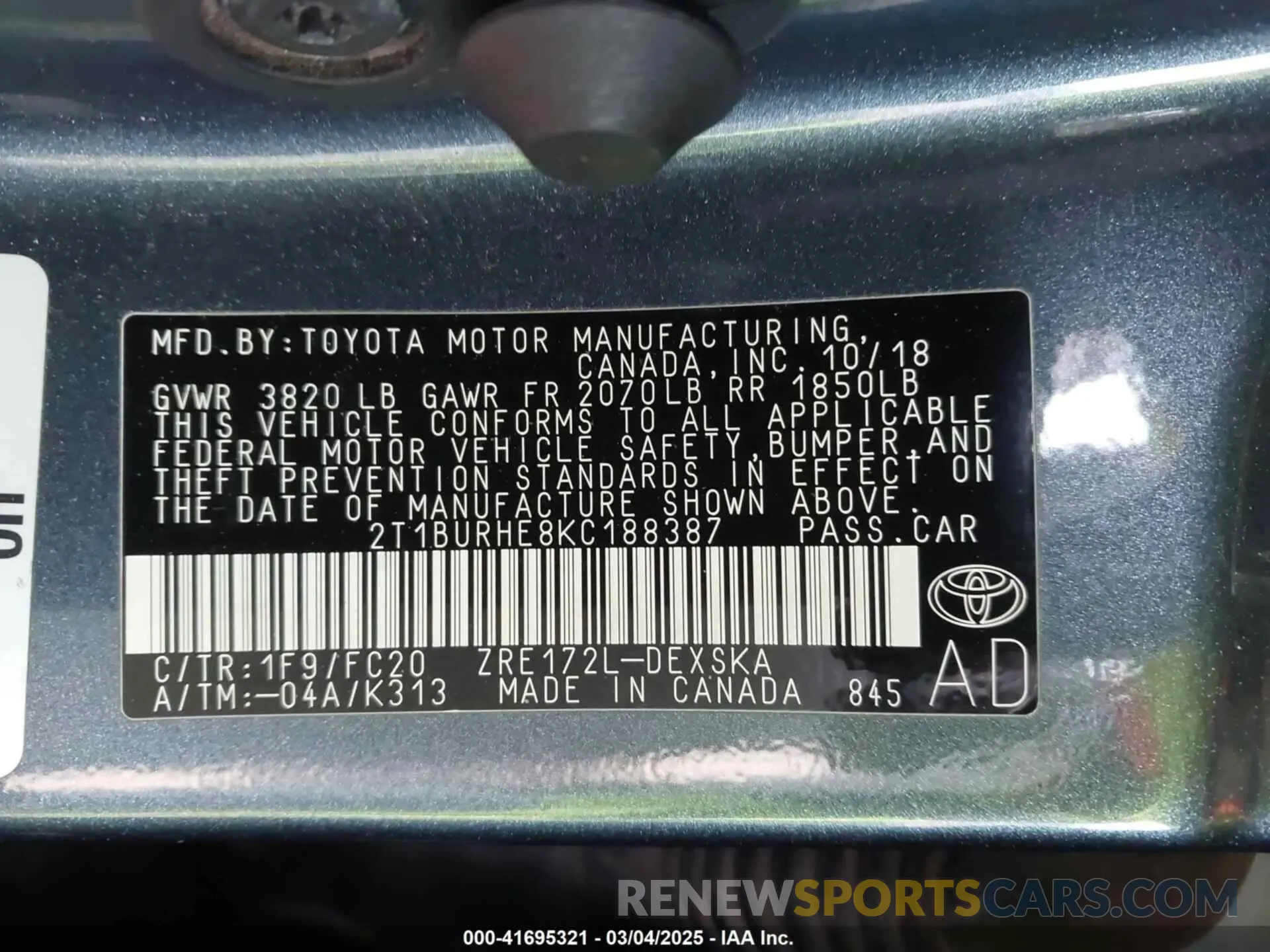 9 Photograph of a damaged car 2T1BURHE8KC188387 TOYOTA COROLLA 2019