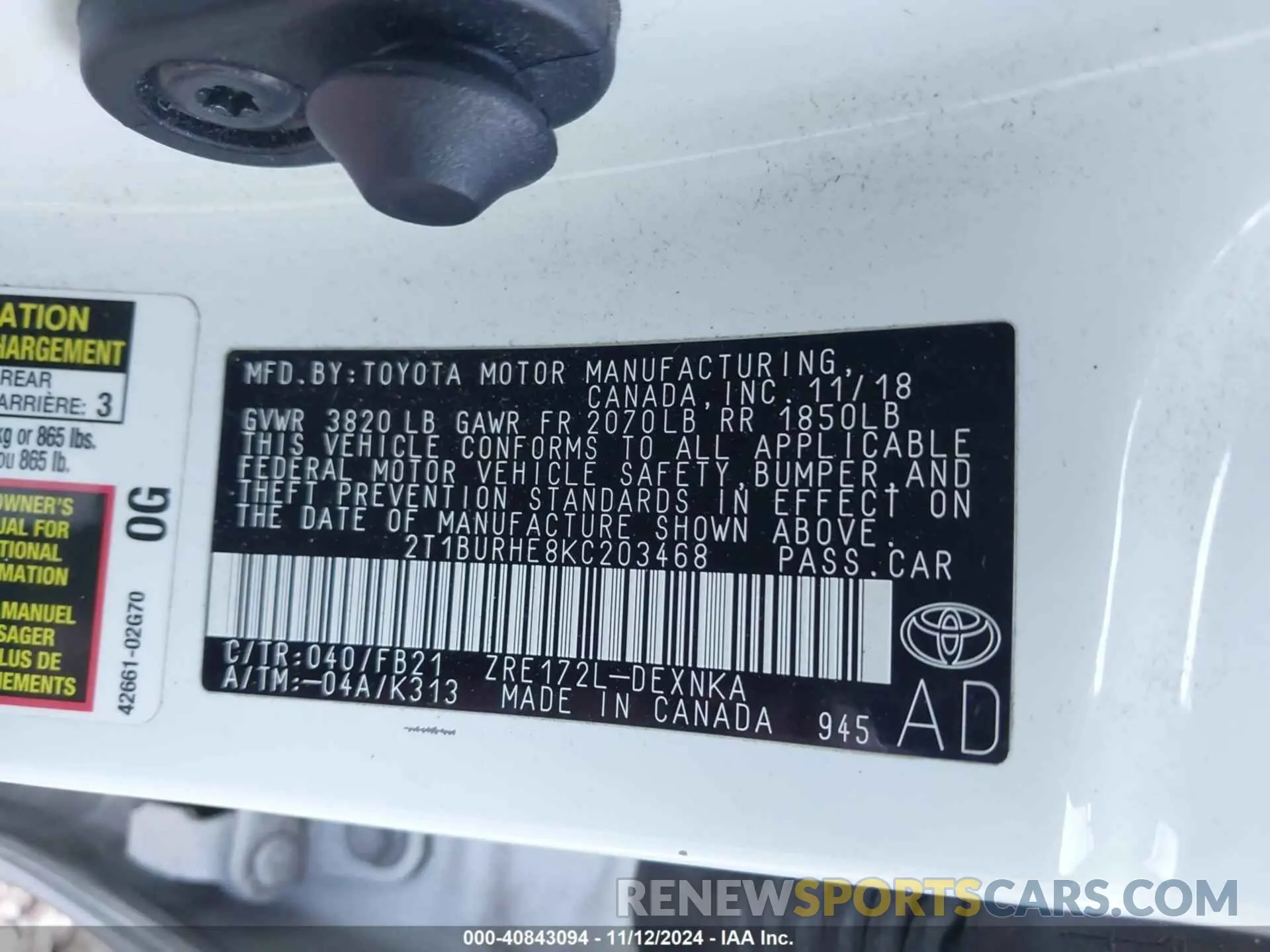 9 Photograph of a damaged car 2T1BURHE8KC203468 TOYOTA COROLLA 2019