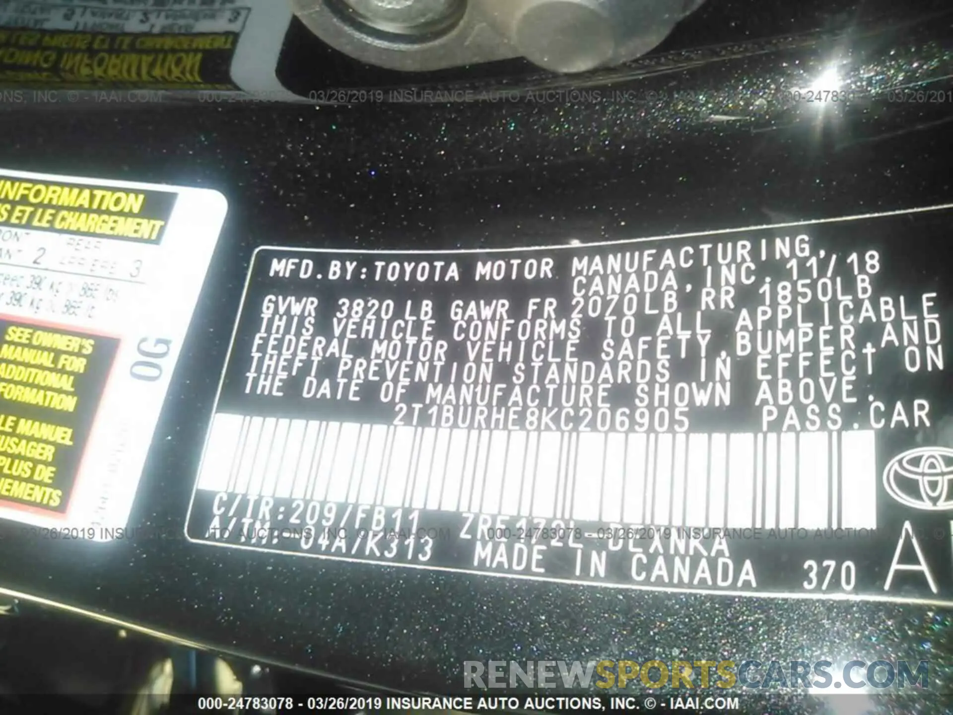 9 Photograph of a damaged car 2T1BURHE8KC206905 TOYOTA COROLLA 2019