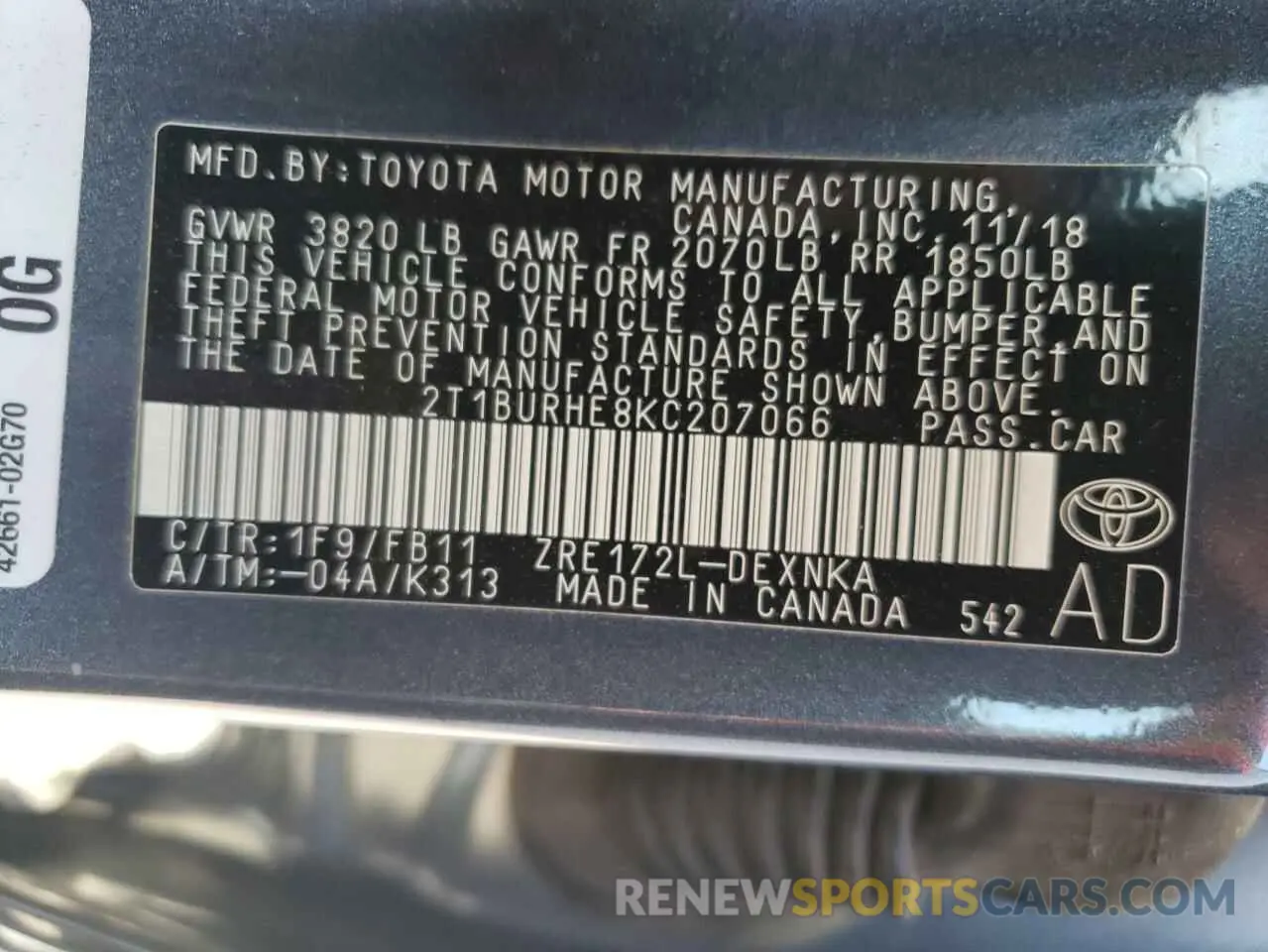 12 Photograph of a damaged car 2T1BURHE8KC207066 TOYOTA COROLLA 2019
