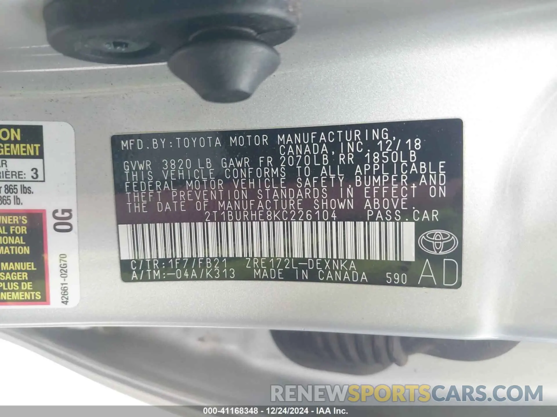 9 Photograph of a damaged car 2T1BURHE8KC226104 TOYOTA COROLLA 2019