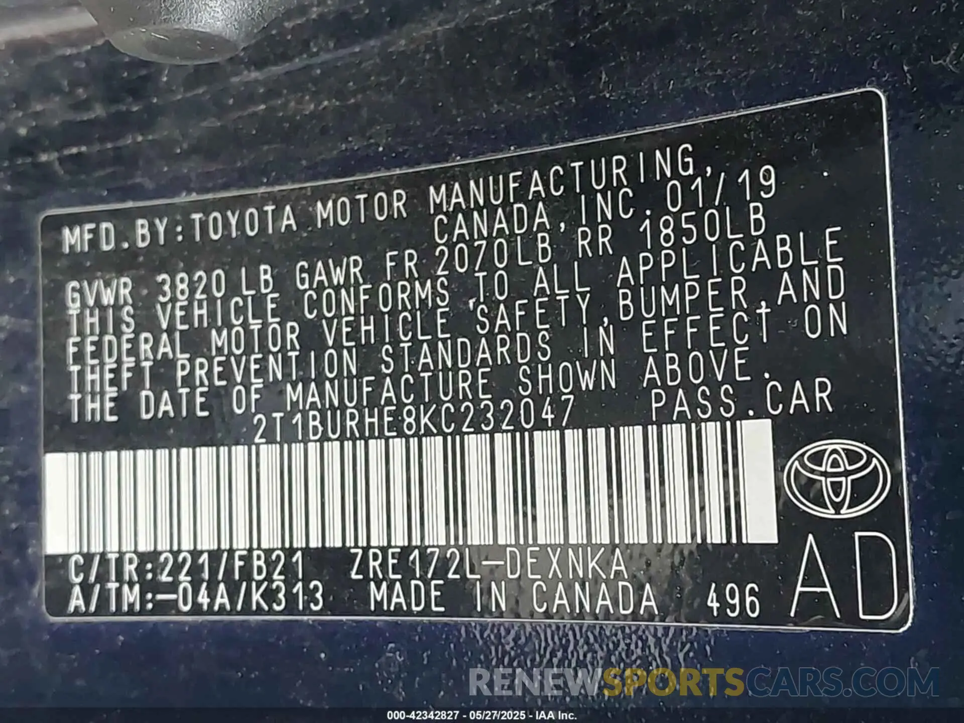 9 Photograph of a damaged car 2T1BURHE8KC232047 TOYOTA COROLLA 2019