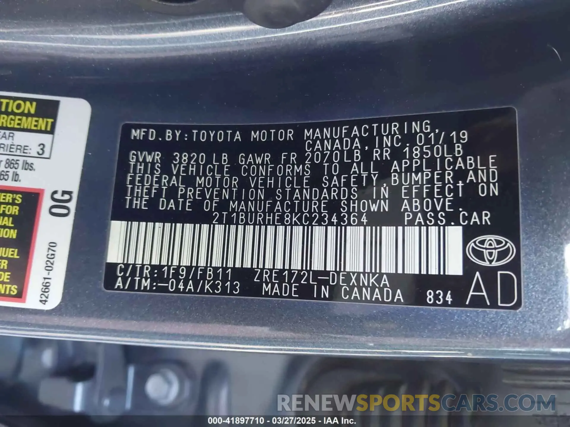 9 Photograph of a damaged car 2T1BURHE8KC234364 TOYOTA COROLLA 2019