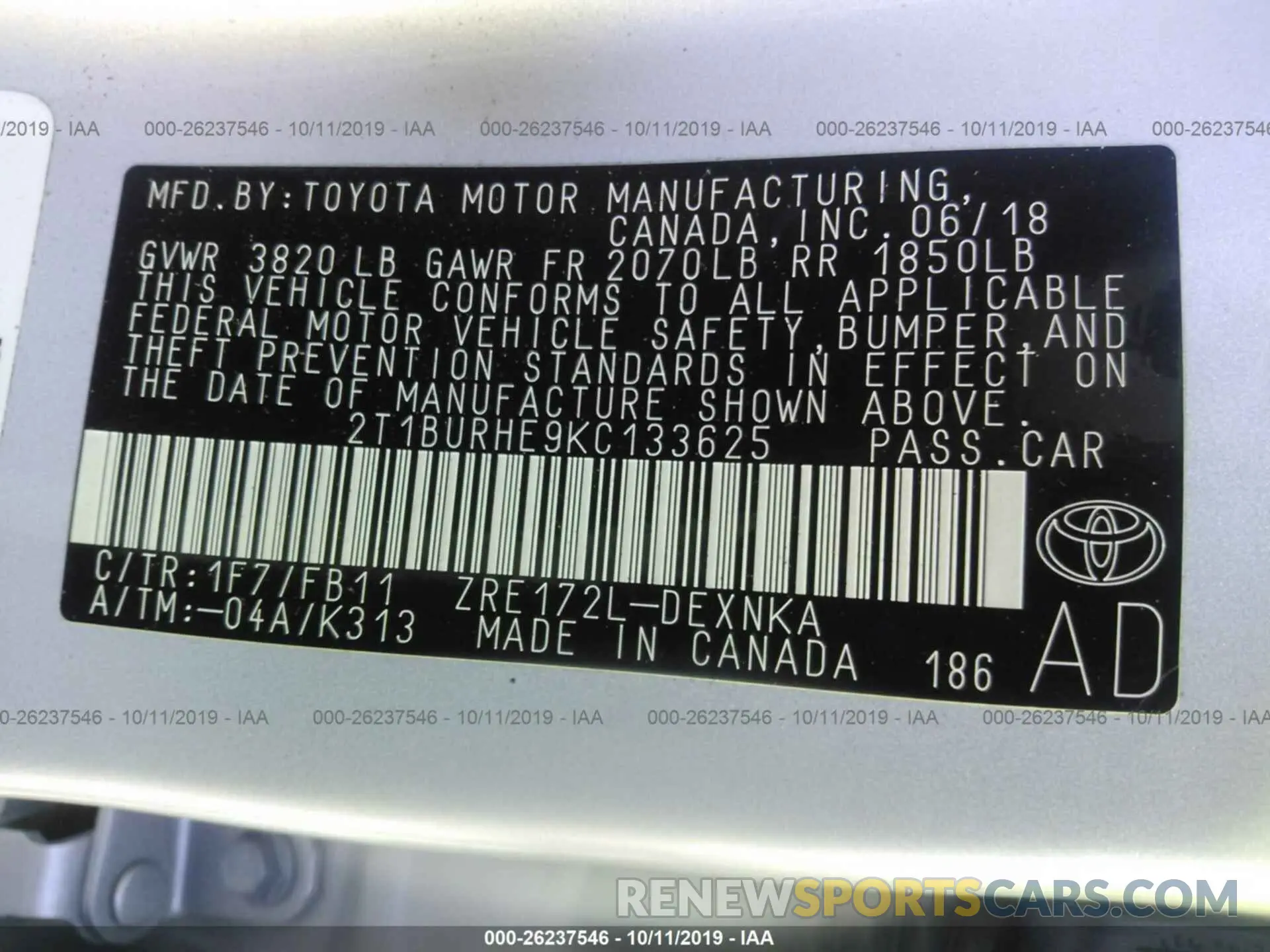 9 Photograph of a damaged car 2T1BURHE9KC133625 TOYOTA COROLLA 2019