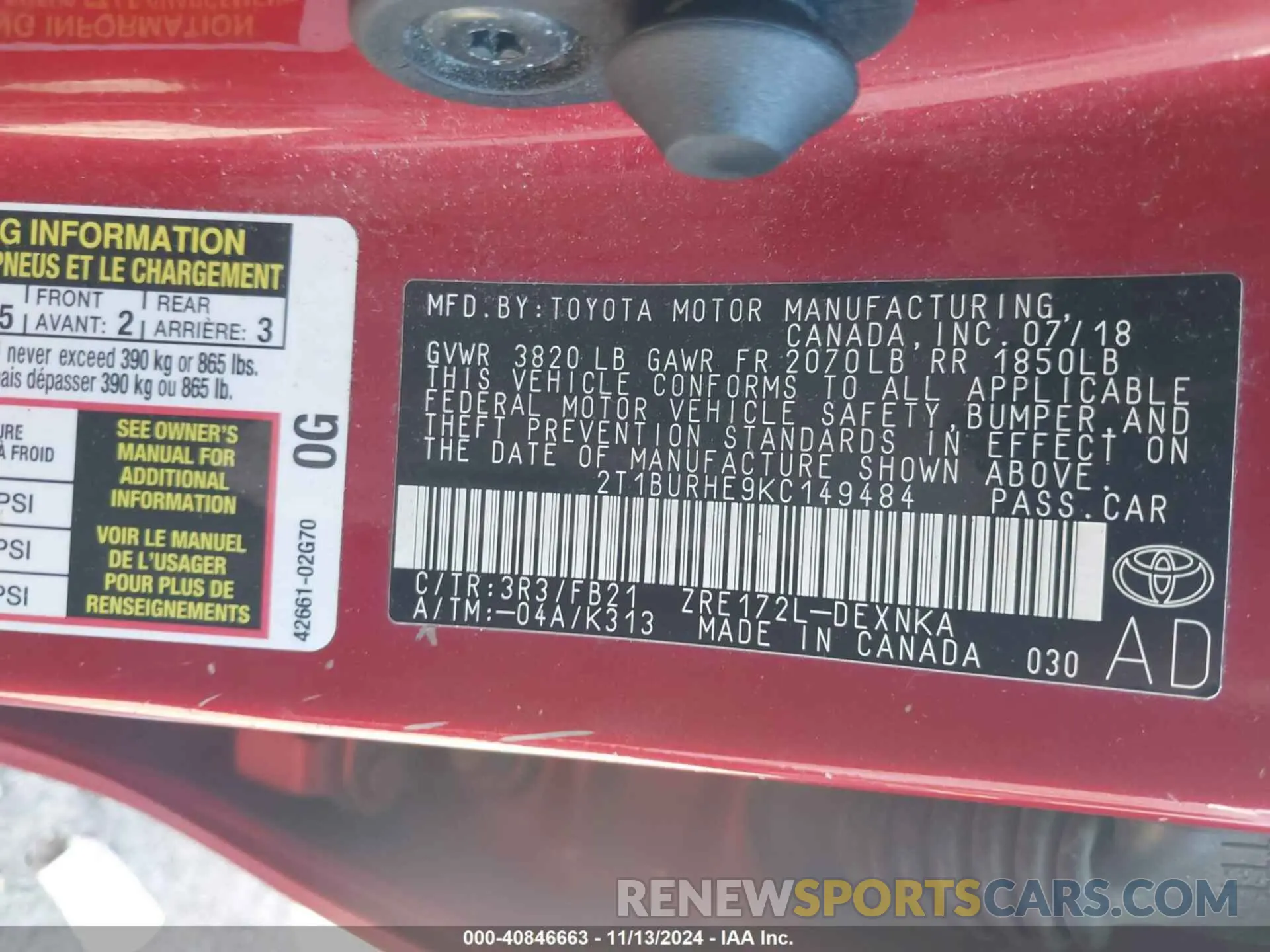 9 Photograph of a damaged car 2T1BURHE9KC149484 TOYOTA COROLLA 2019