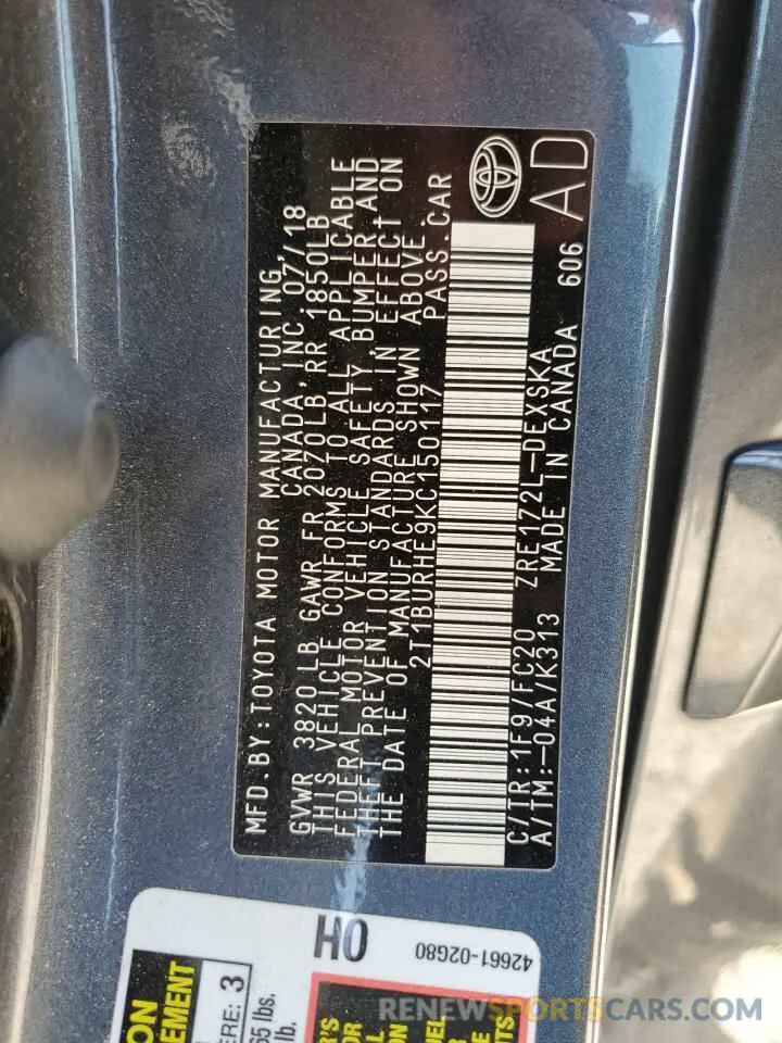 12 Photograph of a damaged car 2T1BURHE9KC150117 TOYOTA COROLLA 2019