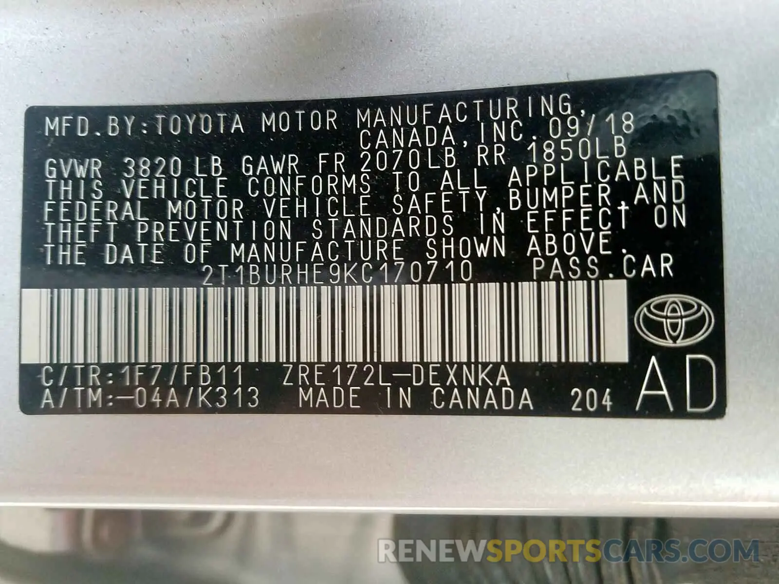 10 Photograph of a damaged car 2T1BURHE9KC170710 TOYOTA COROLLA 2019