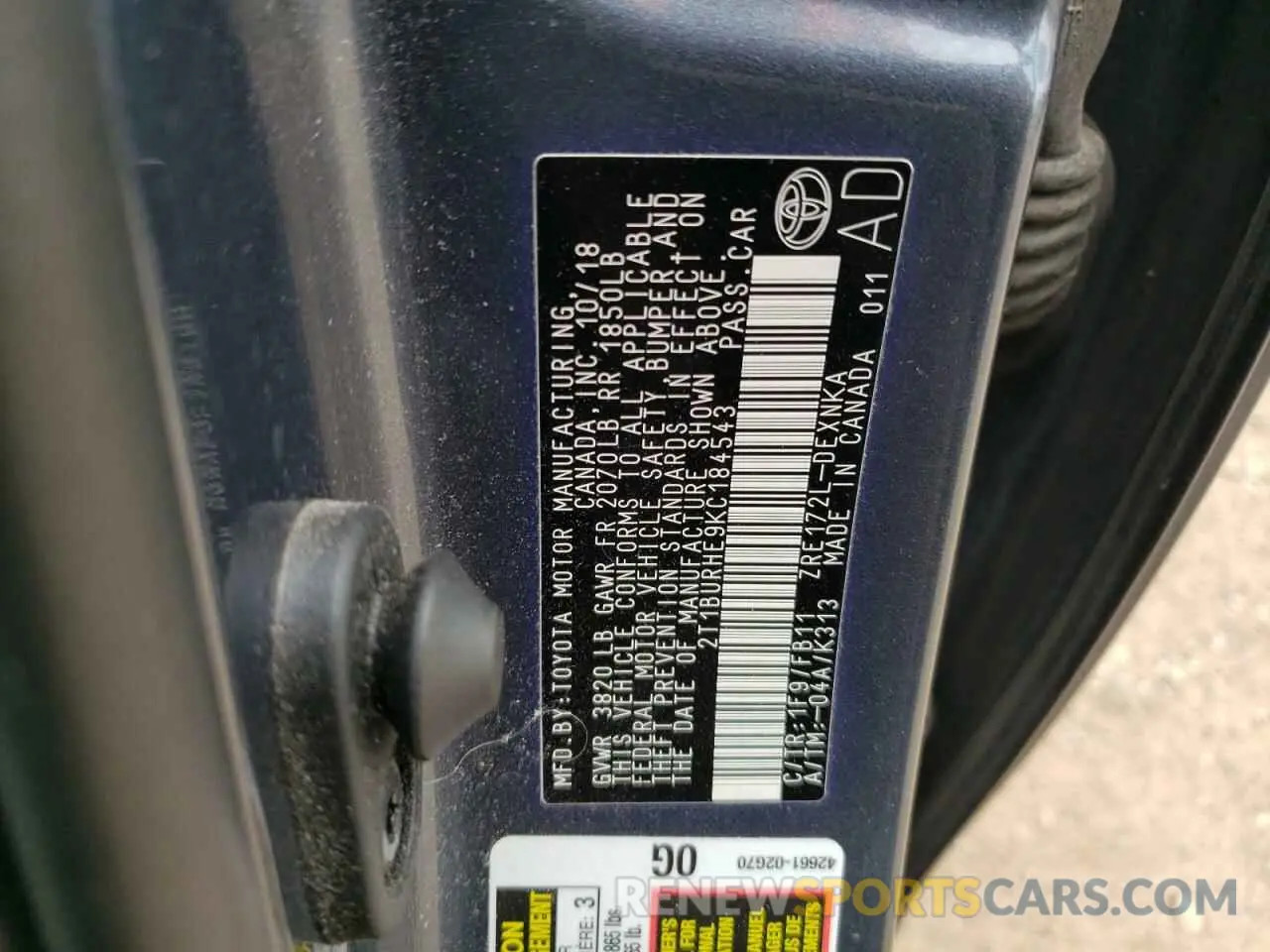 12 Photograph of a damaged car 2T1BURHE9KC184543 TOYOTA COROLLA 2019