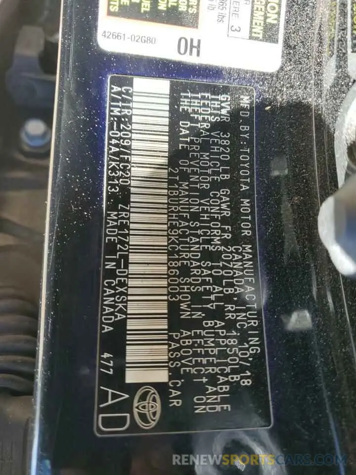 13 Photograph of a damaged car 2T1BURHE9KC186003 TOYOTA COROLLA 2019