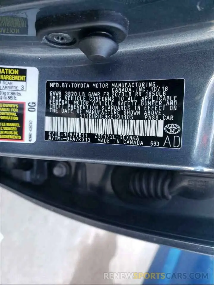 10 Photograph of a damaged car 2T1BURHE9KC191105 TOYOTA COROLLA 2019