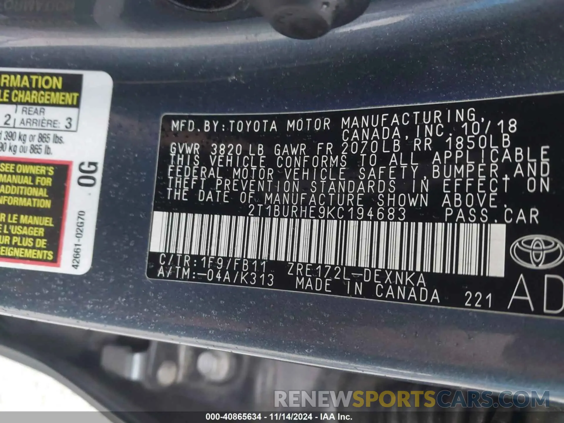 9 Photograph of a damaged car 2T1BURHE9KC194683 TOYOTA COROLLA 2019