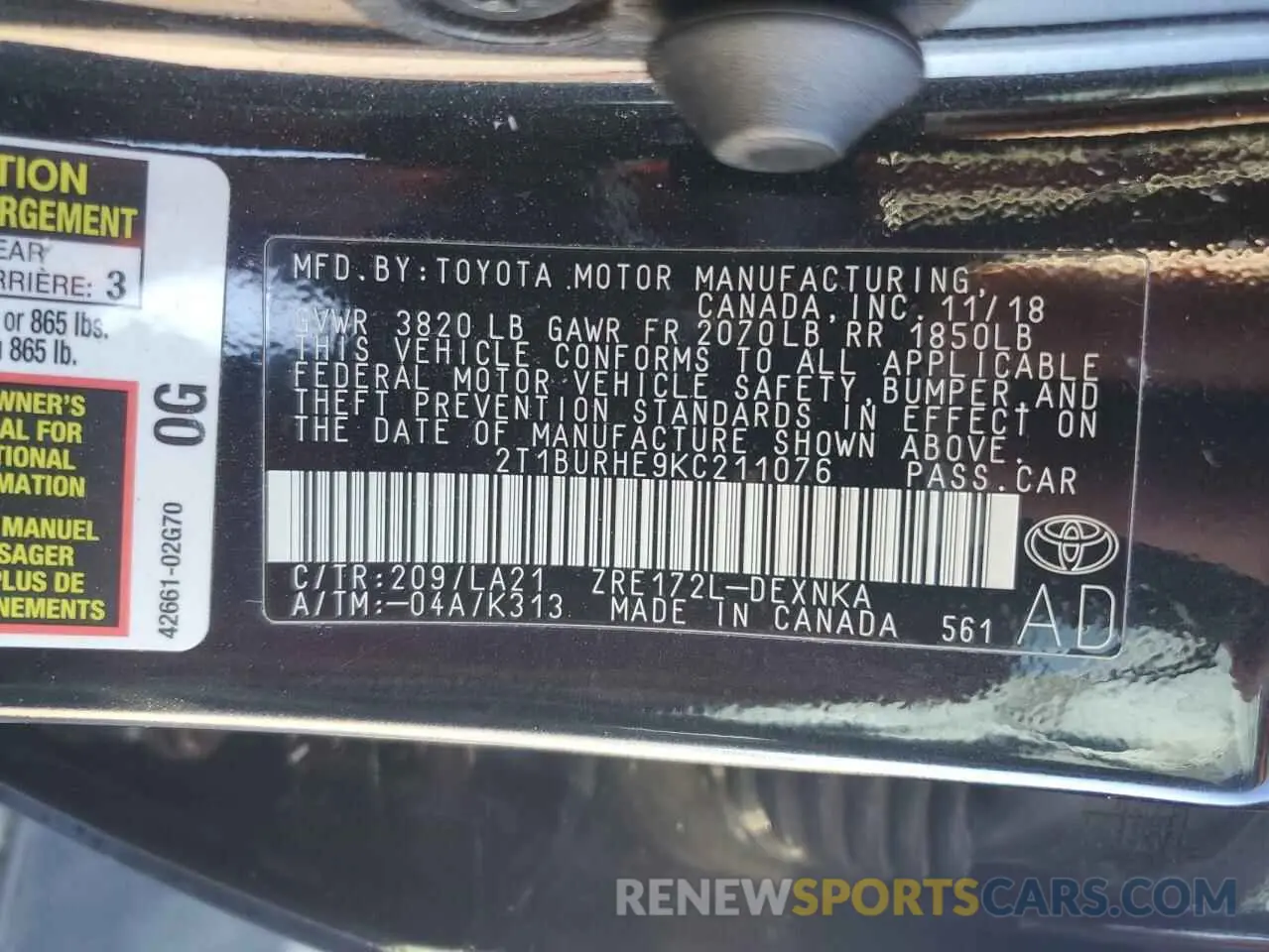 13 Photograph of a damaged car 2T1BURHE9KC211076 TOYOTA COROLLA 2019