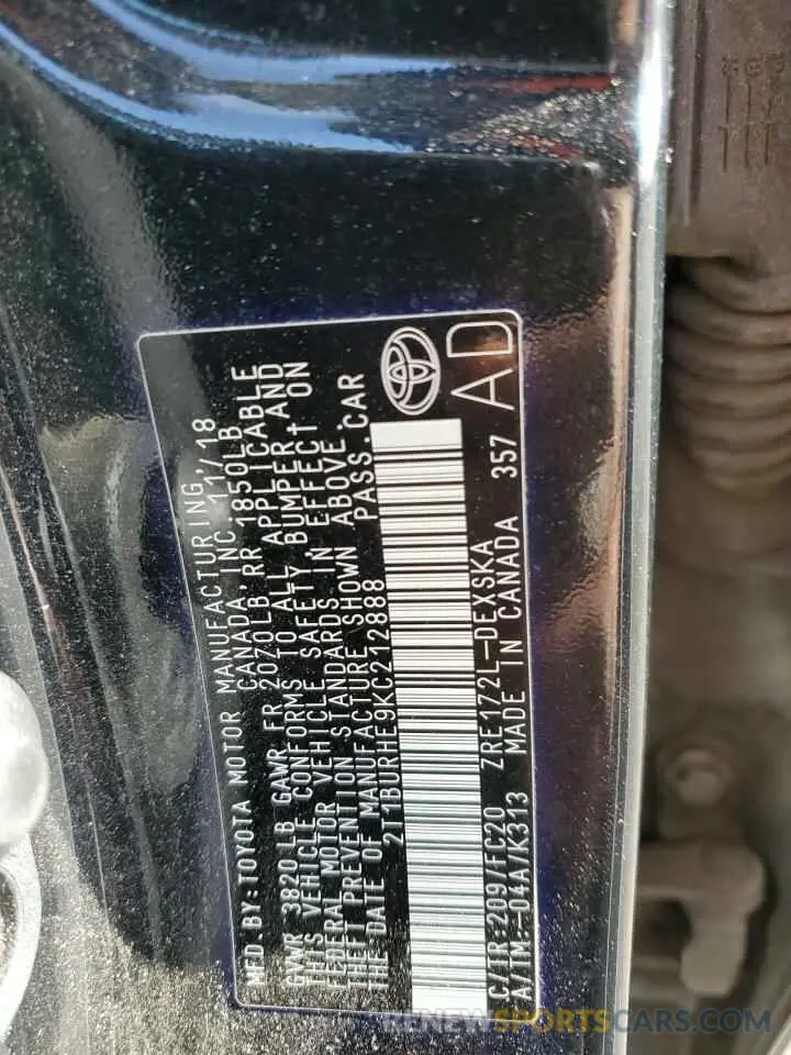 12 Photograph of a damaged car 2T1BURHE9KC212888 TOYOTA COROLLA 2019