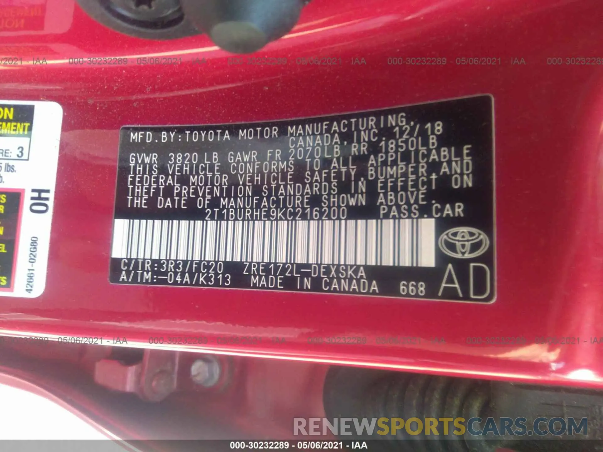 9 Photograph of a damaged car 2T1BURHE9KC216200 TOYOTA COROLLA 2019