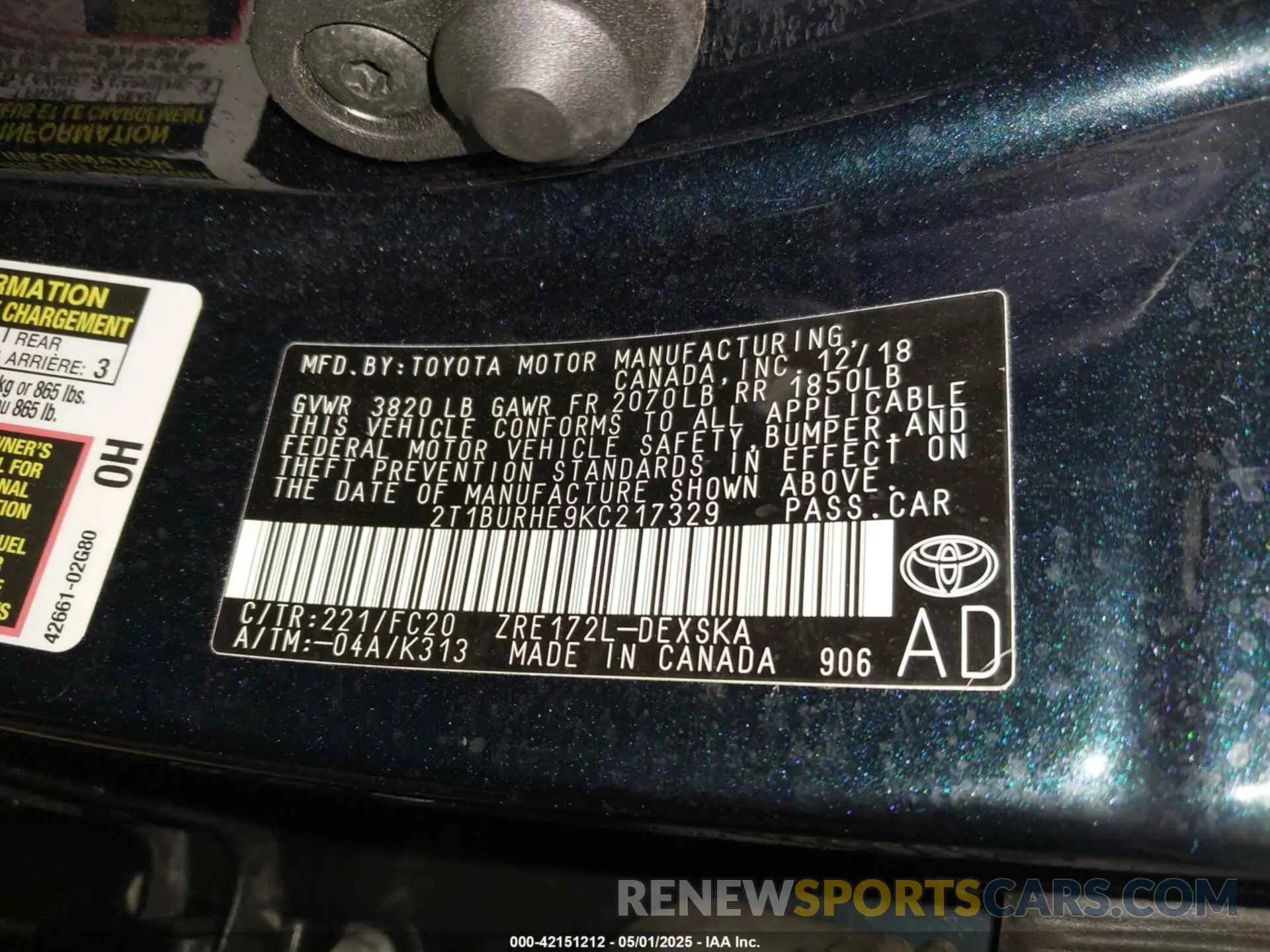 9 Photograph of a damaged car 2T1BURHE9KC217329 TOYOTA COROLLA 2019