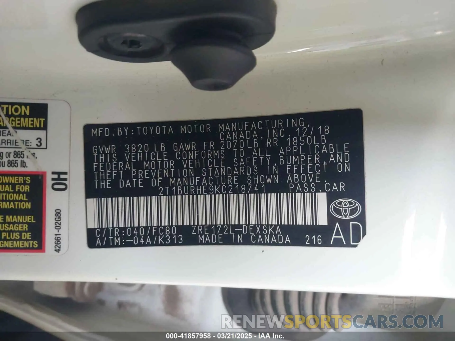 9 Photograph of a damaged car 2T1BURHE9KC218741 TOYOTA COROLLA 2019