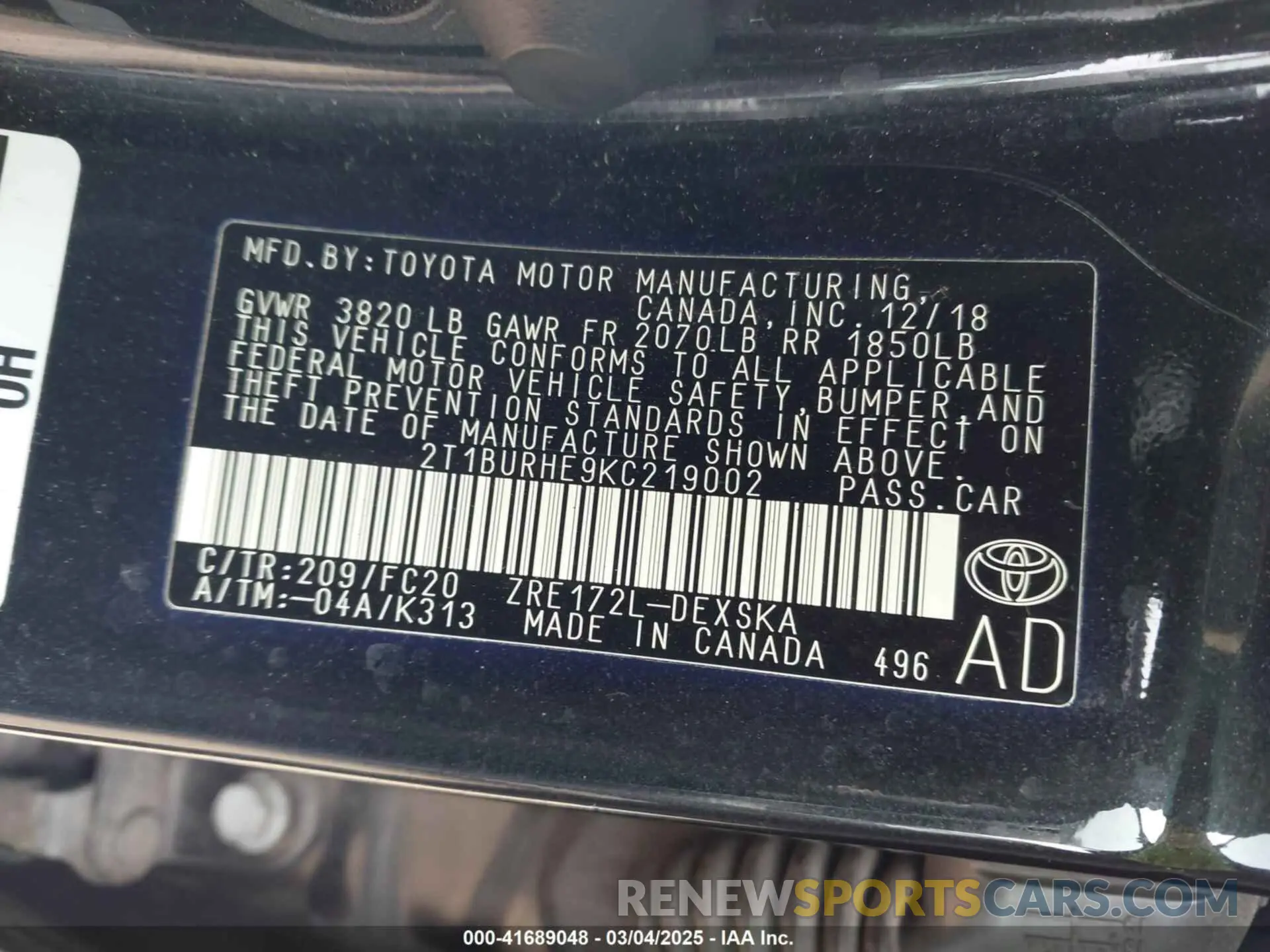 9 Photograph of a damaged car 2T1BURHE9KC219002 TOYOTA COROLLA 2019