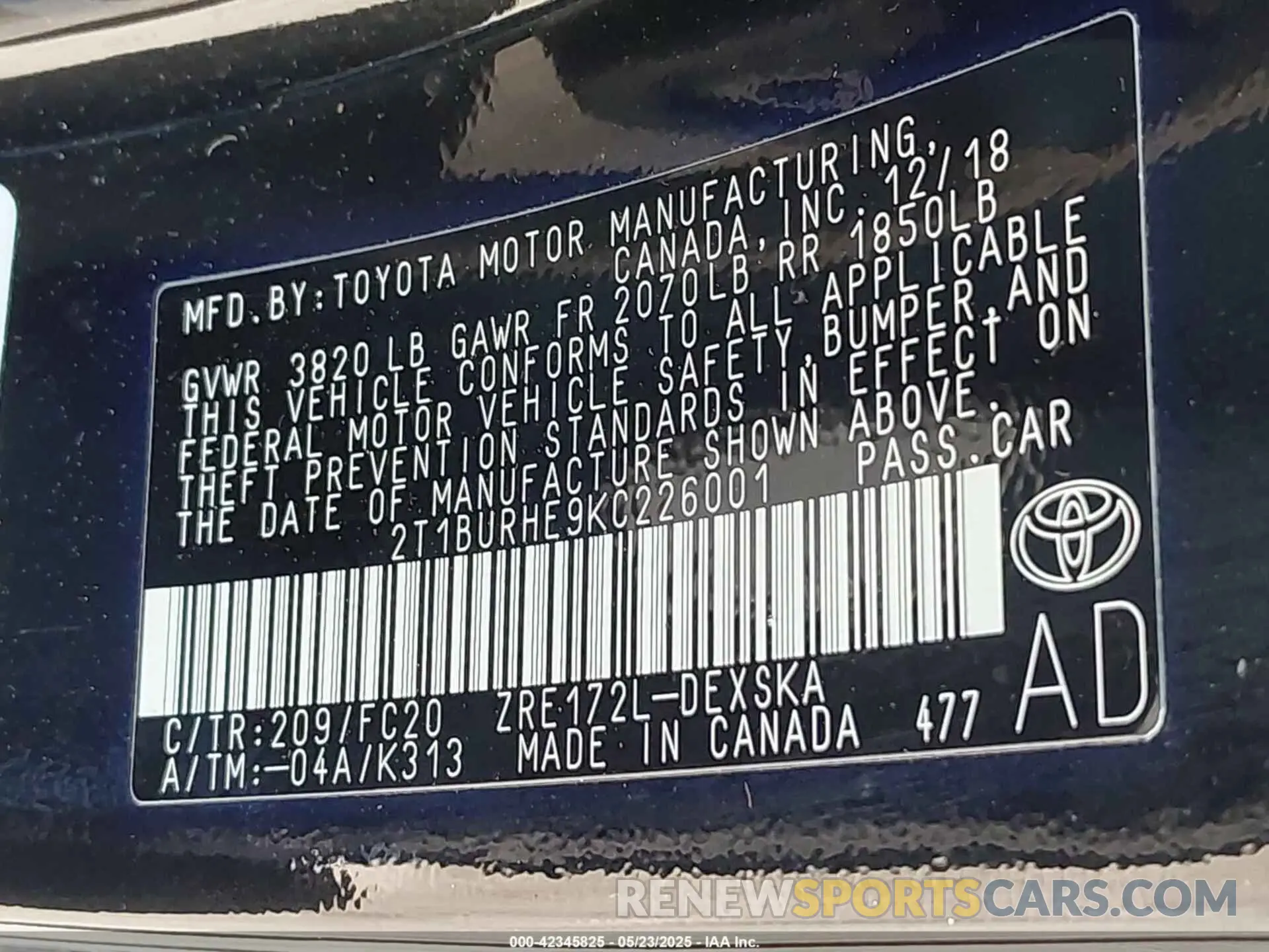 9 Photograph of a damaged car 2T1BURHE9KC226001 TOYOTA COROLLA 2019