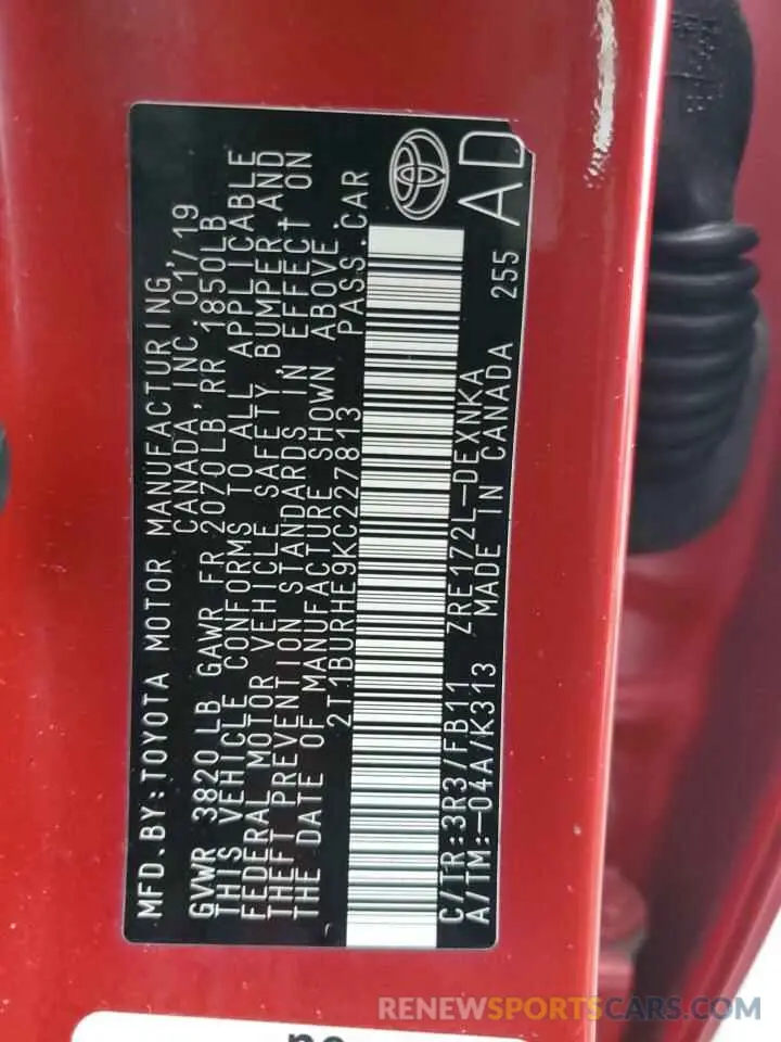 13 Photograph of a damaged car 2T1BURHE9KC227813 TOYOTA COROLLA 2019