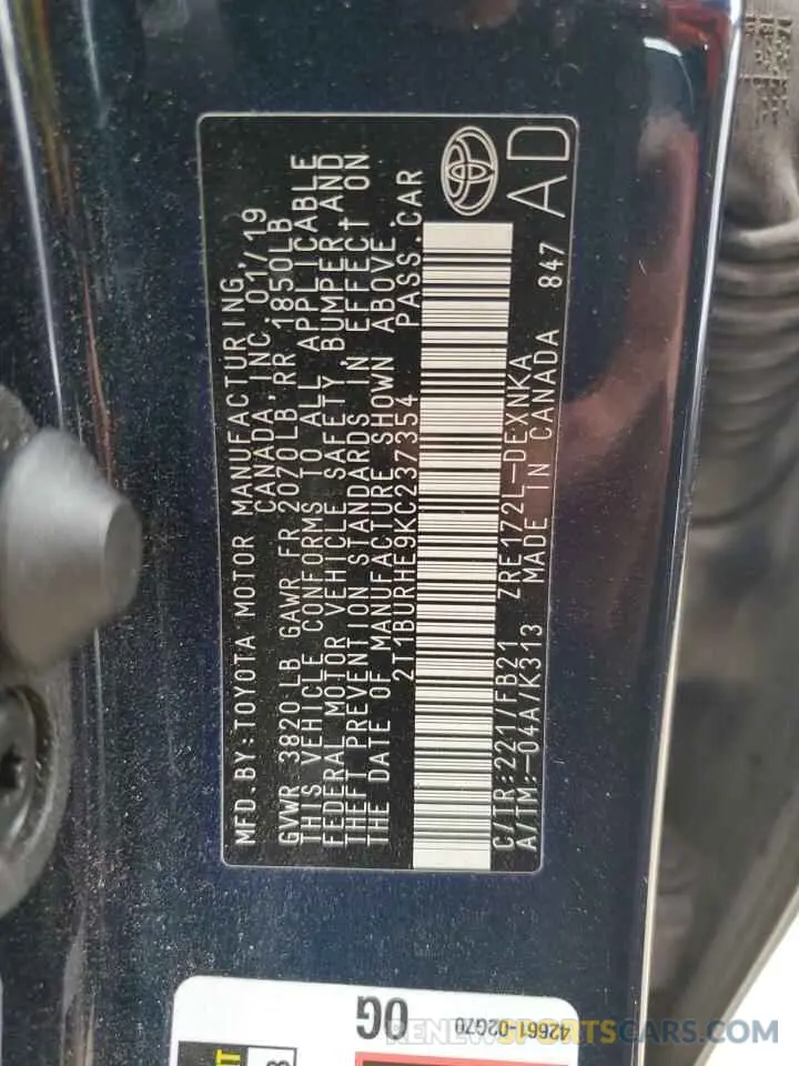 13 Photograph of a damaged car 2T1BURHE9KC237354 TOYOTA COROLLA 2019