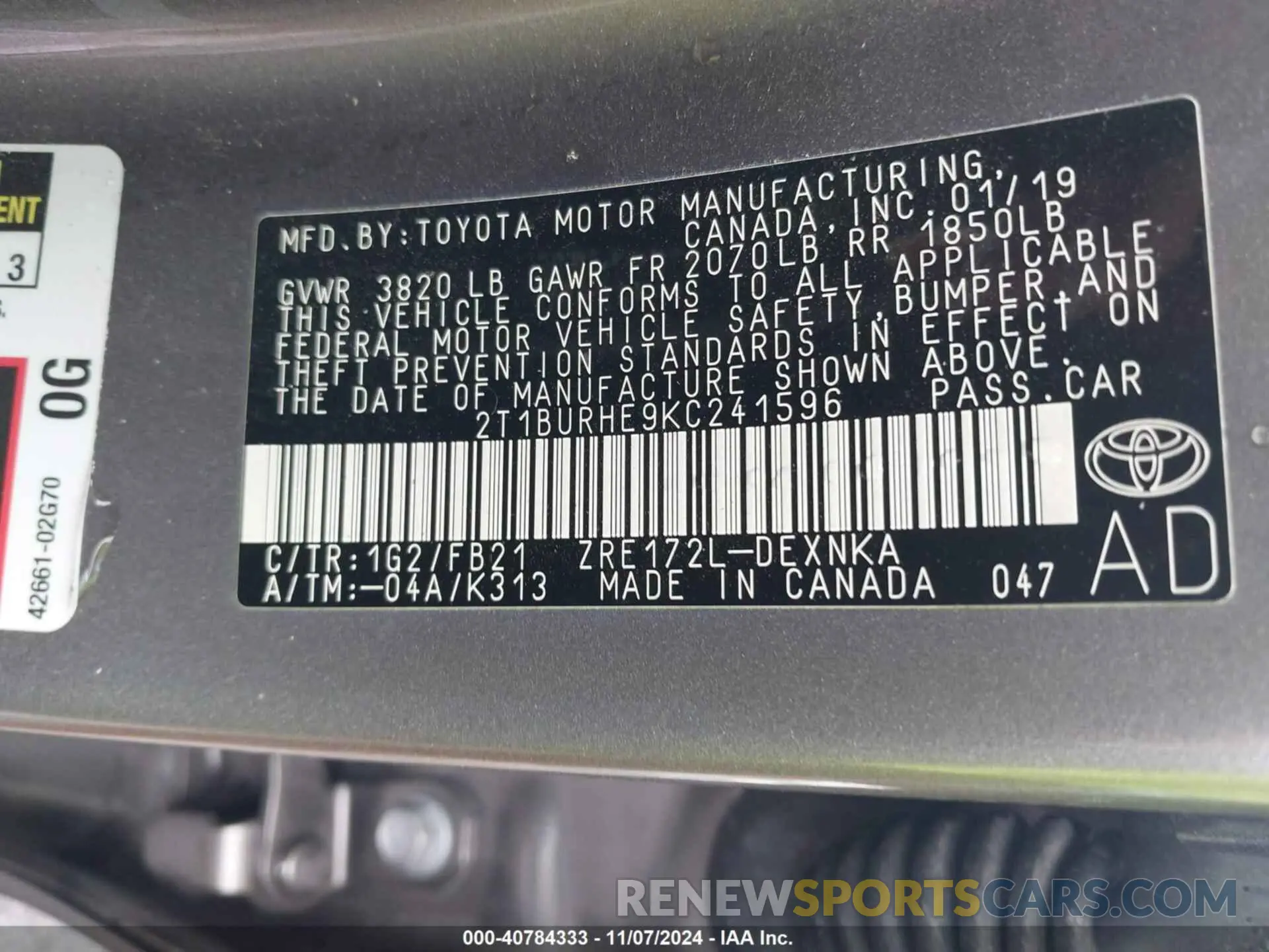 9 Photograph of a damaged car 2T1BURHE9KC241596 TOYOTA COROLLA 2019