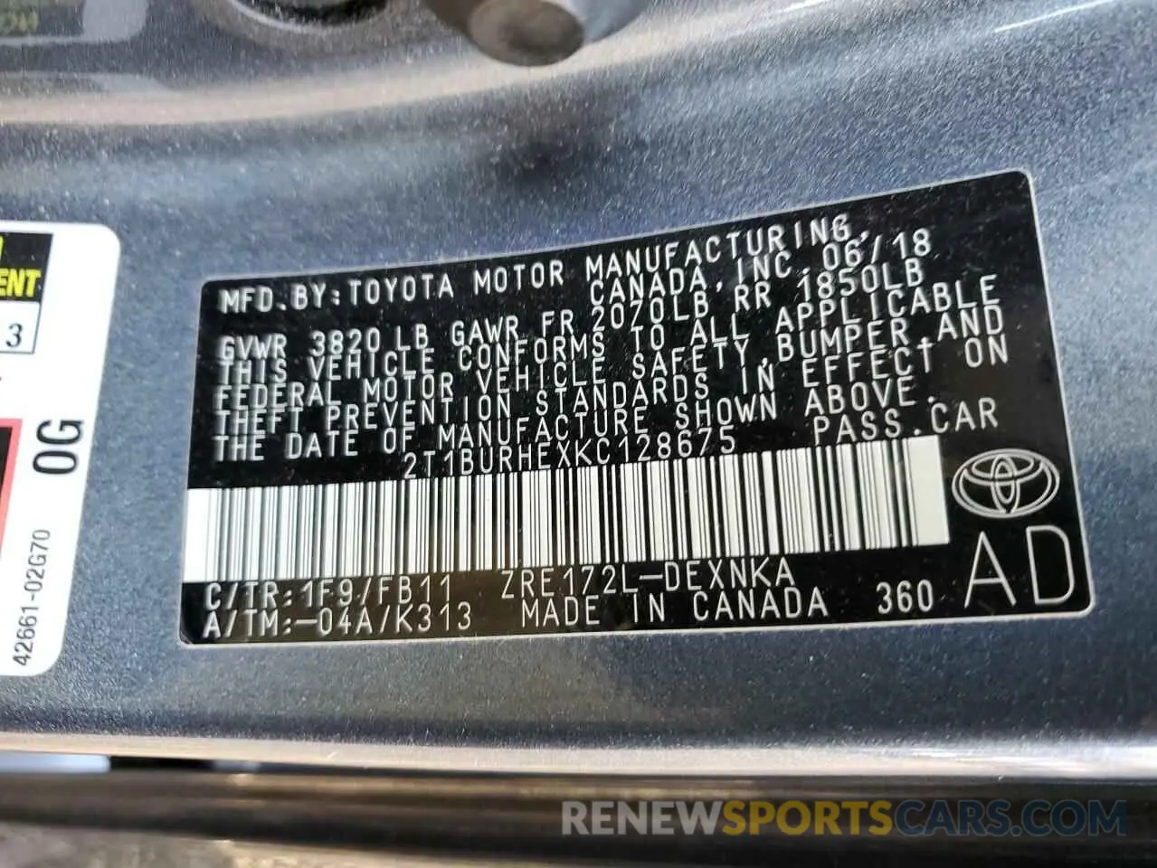 12 Photograph of a damaged car 2T1BURHEXKC128675 TOYOTA COROLLA 2019