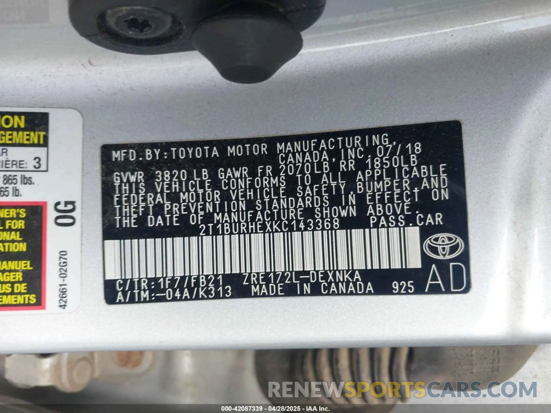 9 Photograph of a damaged car 2T1BURHEXKC143368 TOYOTA COROLLA 2019