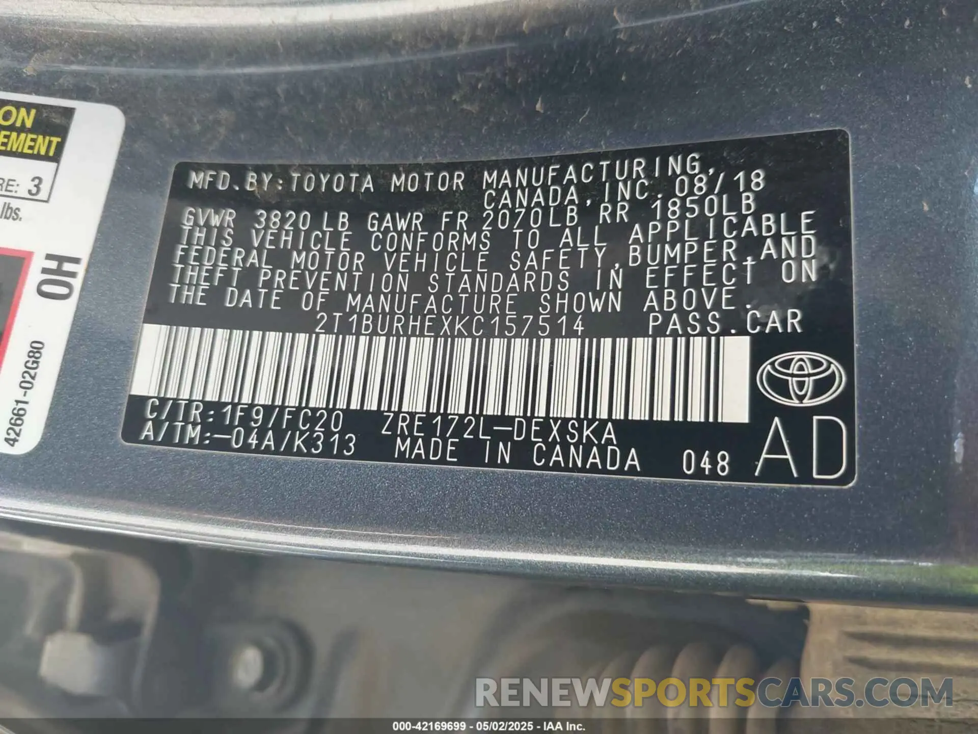 9 Photograph of a damaged car 2T1BURHEXKC157514 TOYOTA COROLLA 2019