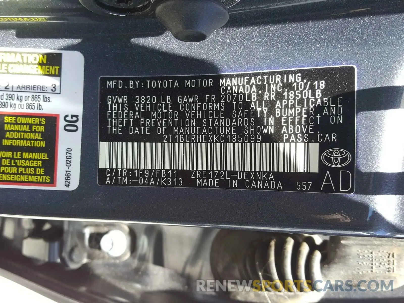 10 Photograph of a damaged car 2T1BURHEXKC185099 TOYOTA COROLLA 2019