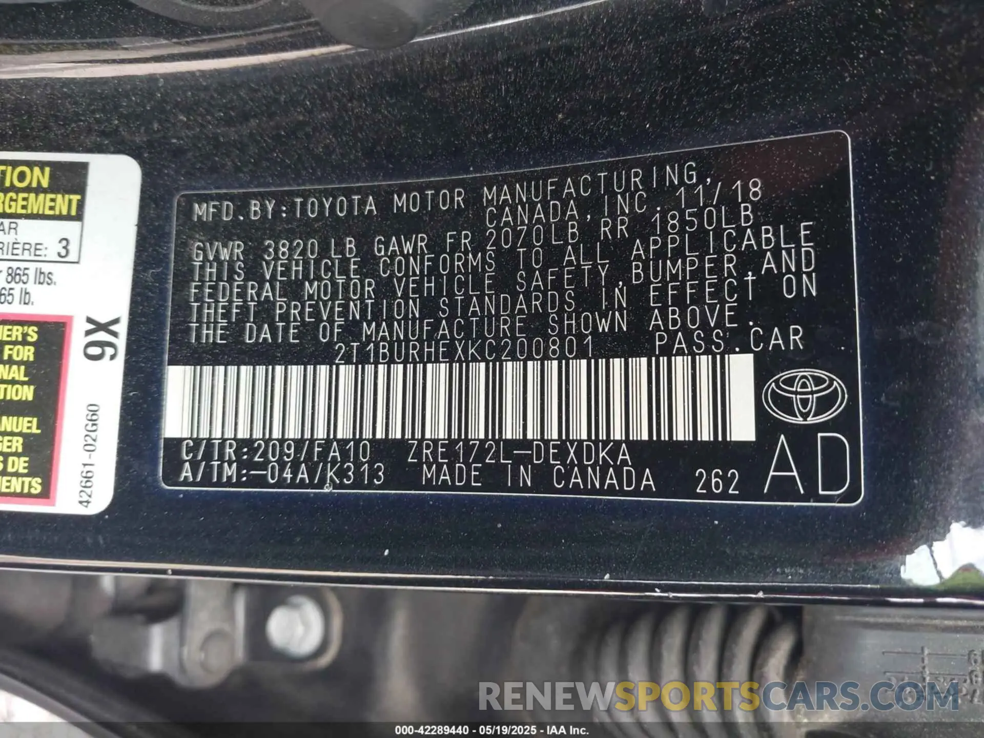 9 Photograph of a damaged car 2T1BURHEXKC200801 TOYOTA COROLLA 2019