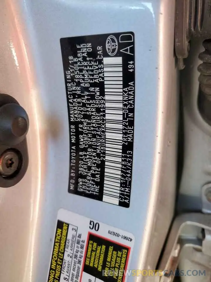 12 Photograph of a damaged car 2T1BURHEXKC211992 TOYOTA COROLLA 2019