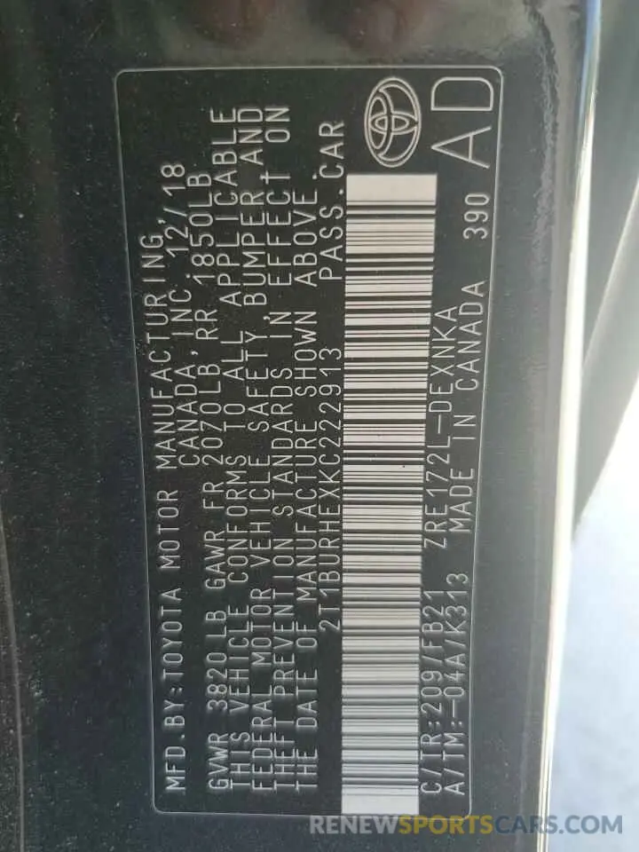 14 Photograph of a damaged car 2T1BURHEXKC222913 TOYOTA COROLLA 2019