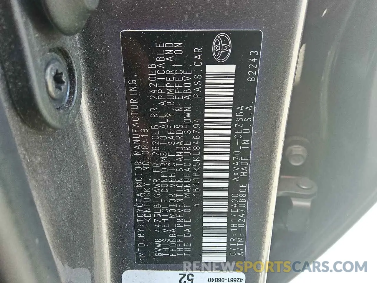 12 Photograph of a damaged car 4T1B11HK5KU846794 TOYOTA COROLLA 2019